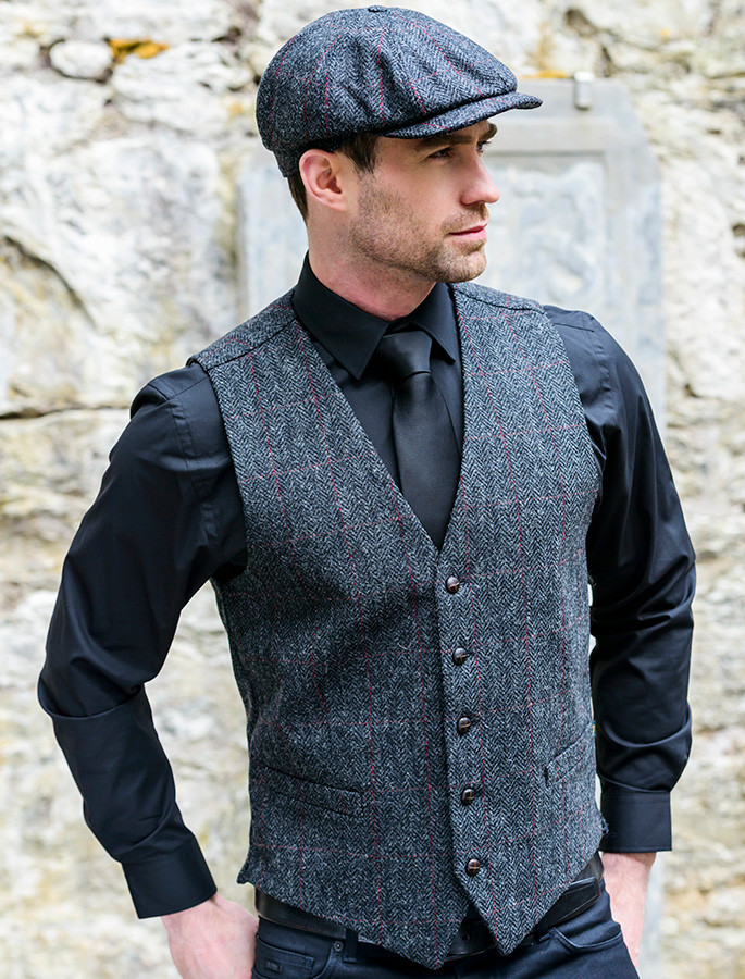 Irish Tweed Herringbone Waistcoat Charcoal Red Mucros Weavers