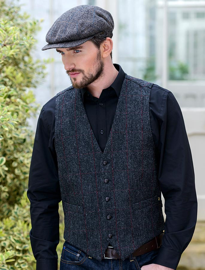 Irish Tweed Herringbone Waistcoat - Charcoal & Red | Mucros Weavers