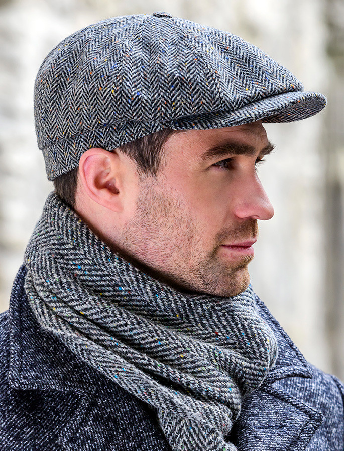 Mucros Weavers Soft Donegal Men's Tweed Scarf - Gray and Blue Herringbone