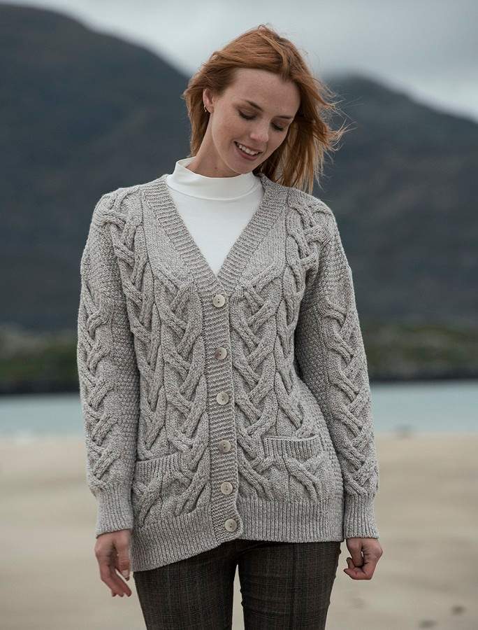 YARA Greige Cardigan with Braided Front Edge, Soft Wool Mix Sweater, C –  ELIN KNITWEAR