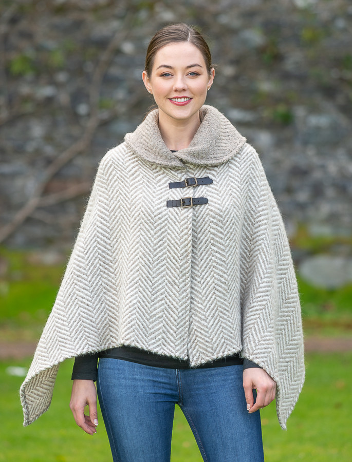 Shawl Collar Herringbone Poncho - Beige & Cream [FREE Express