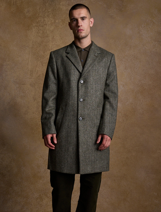 Owen Tweed 3/4 Coat Olive Wide Herringbone - Main Image