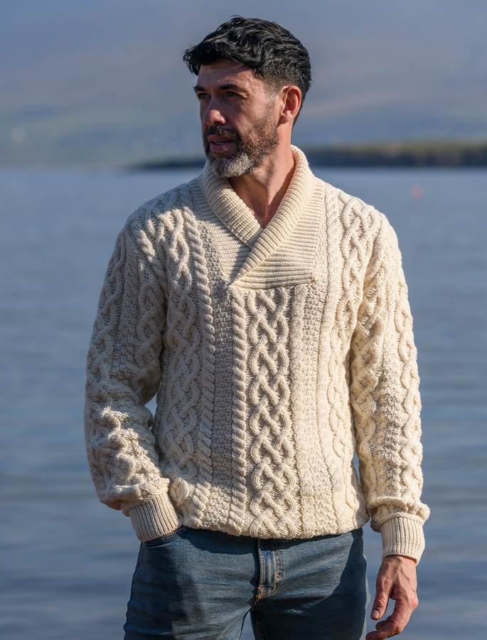 Men's Shawl Collar Aran Sweater | Aran Sweater Market