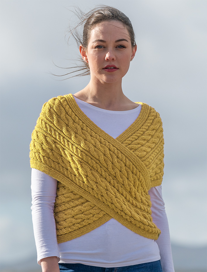 Merino Aran Cable Crossover Wrap with 