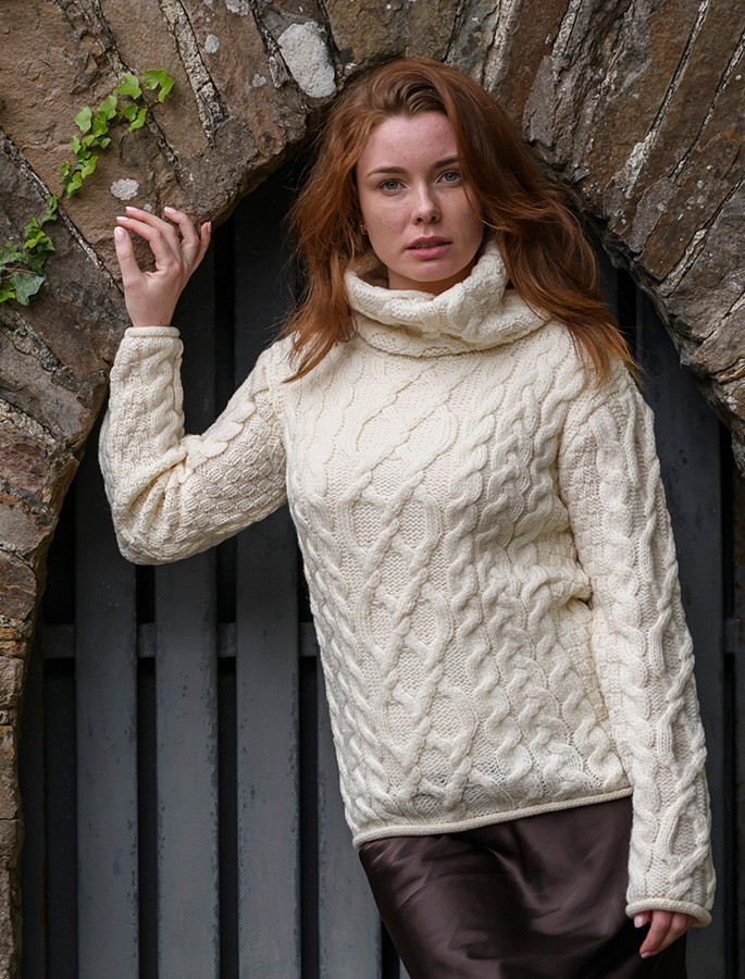 White Cable Knit Turtleneck Sweater Relaxed Fit Cable Knit