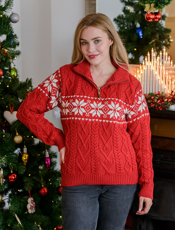 Women's Snowflake Zip-Neck Aran, Zip Neck Aran Sweater