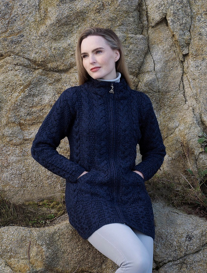 Ladies Merino Cable Design Zip Coatigan | Aran Sweater Market