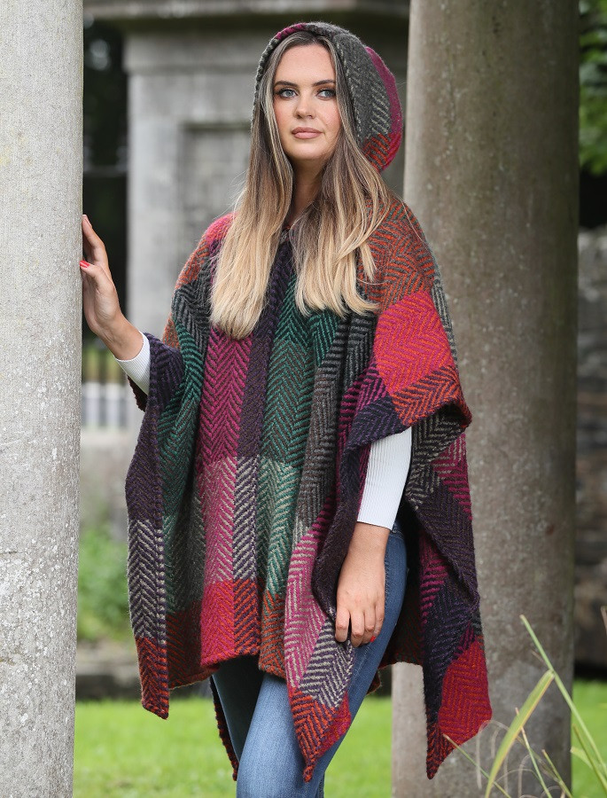 Sarah Hooded One Button Cape - Multi-Mulberry | Branigan Weavers