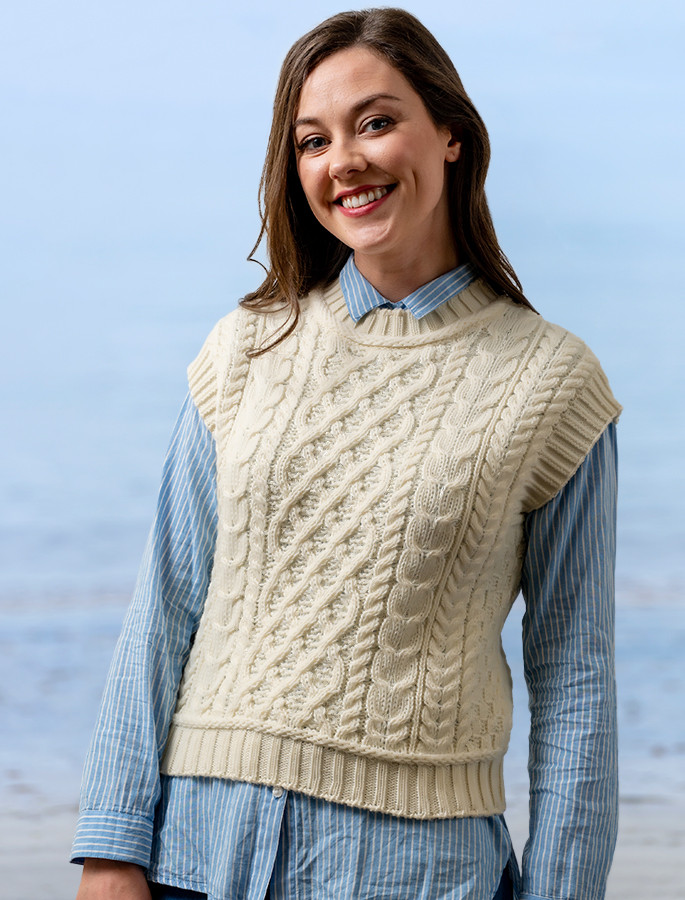 Ladies Cropped Crew Neck Aran Sweater Vest