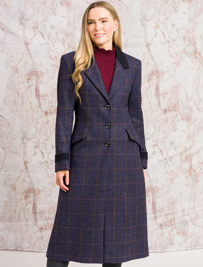 Fran Classic Long Tweed Coat - Prussian Purple Check