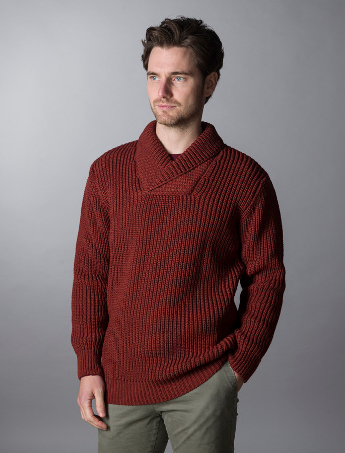 aran shawl neck fisherman sweater