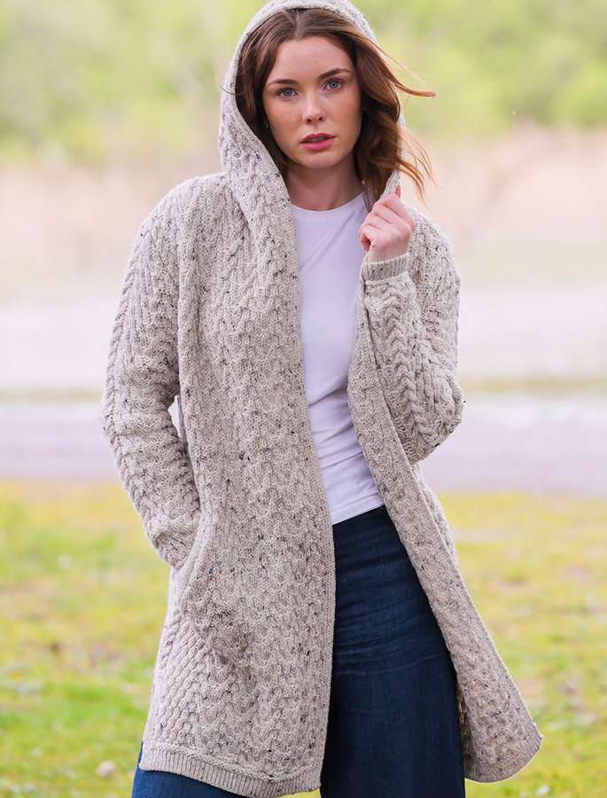 Ladies Herringbone Design Shawl Hood Aran Sweater Market