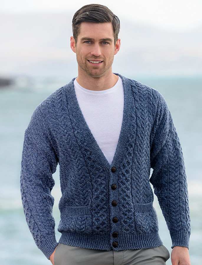 V Neck Mens Thick Wool Cardigans Uk Aran Mens V-Neck Cardigan Mens