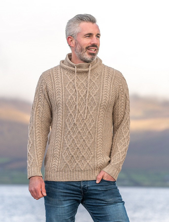 Aran Irish Sweater Men's 100% Merino Wool Cable Knit Pullover with  Drawcords