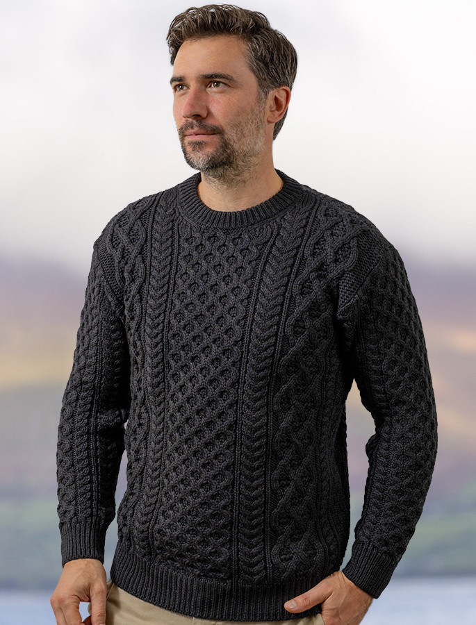 Dusky Charcoal, Pure Wool Knitted Aran Cable Zip Neck Sweater