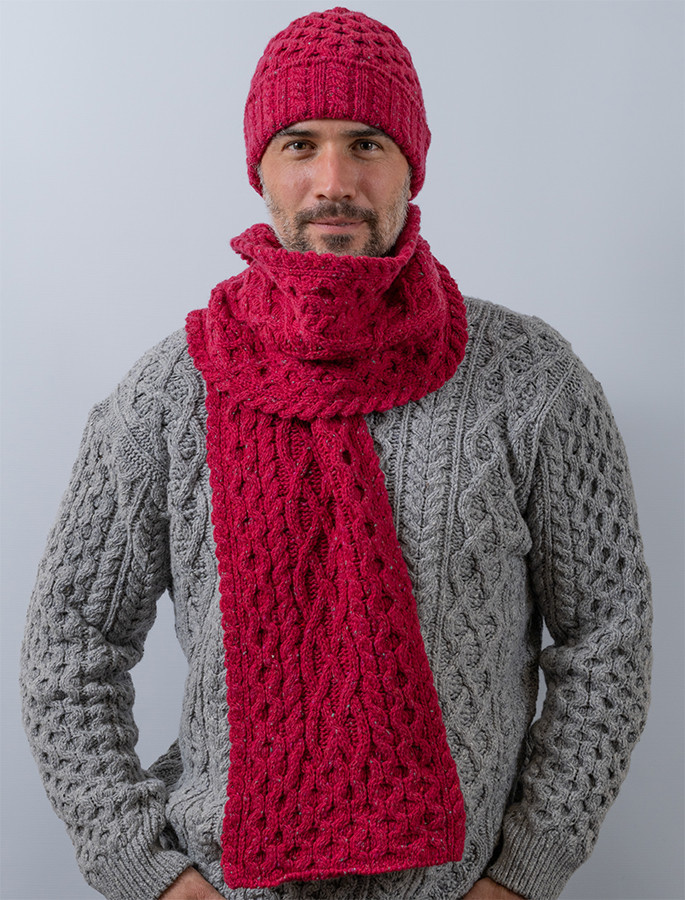 Crochet Scarf Red Wool Scarf Mens Men's Wool Cashmere Aran - Main Image