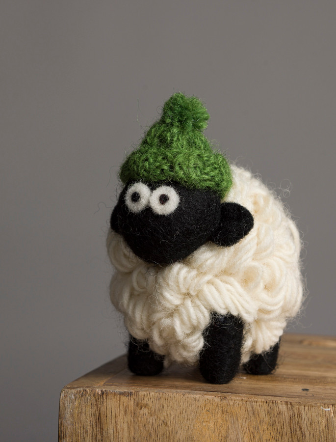 Standing Knitted Mountain Irish Sheep With Green Bobble Hat | Aran