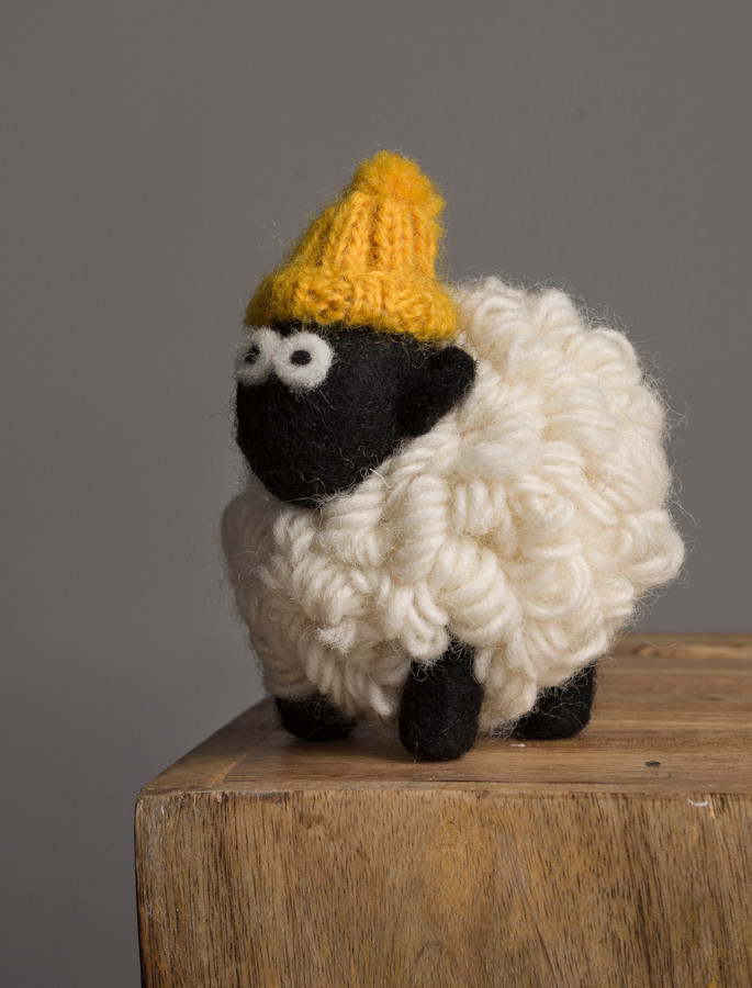 Standing Knitted Mountain Irish Sheep With Mustard Bobble Hat