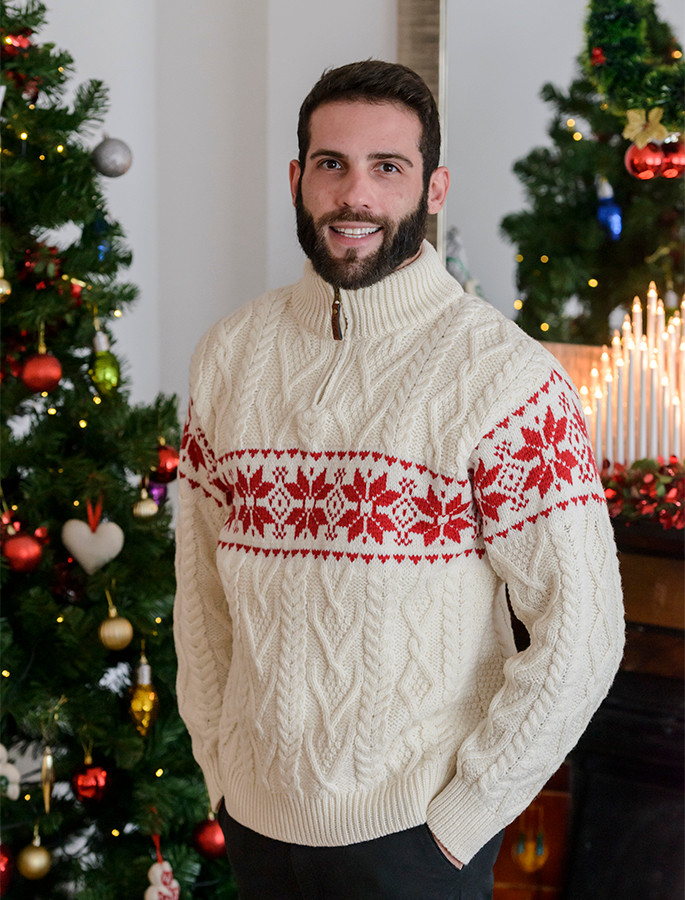 Snowflake Zip-Neck Aran Sweater, Zip Neck Aran Sweater