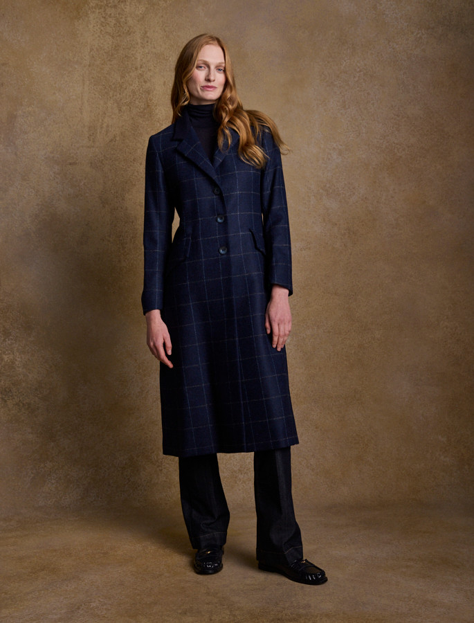Fran Classic Long Tweed Coat - Navy Check | Aran Sweater Market