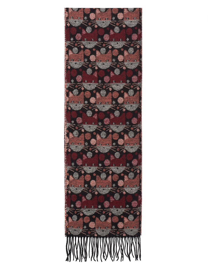 Soft Cat Motif Fringed Scarf - Berry