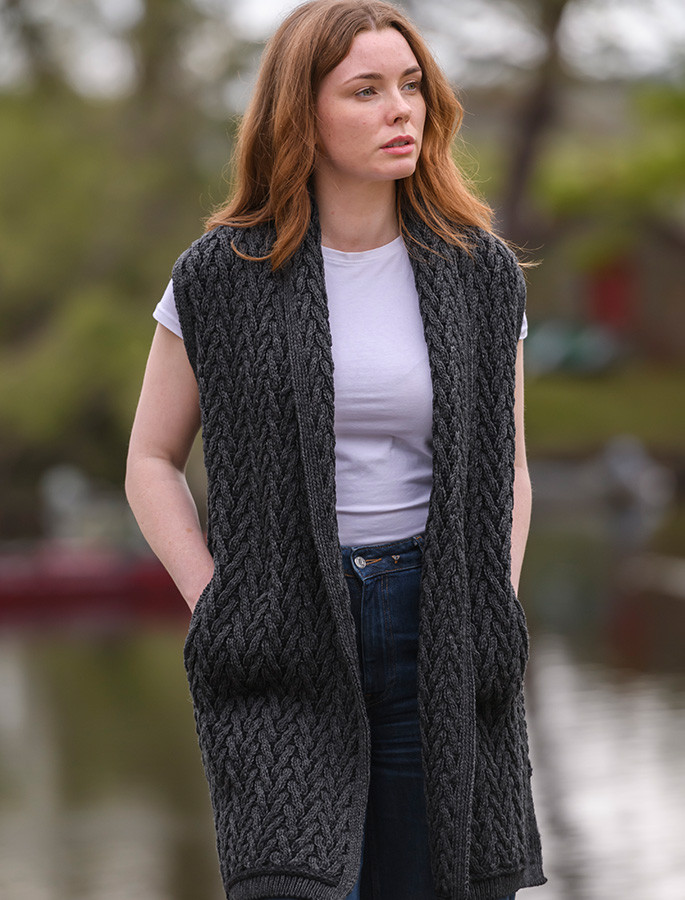 Aran Trellis Sleeveless Merino Cardigan | Aran Sweater Market