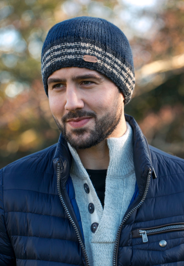 Men's Wool Ribbed Pull-on Hat With White-Stripes | Aran Sweater Market