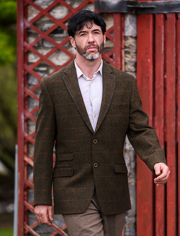 Irish Wool Tweed Sport Jacket - Olive Overcheck | Aran Sweater Market