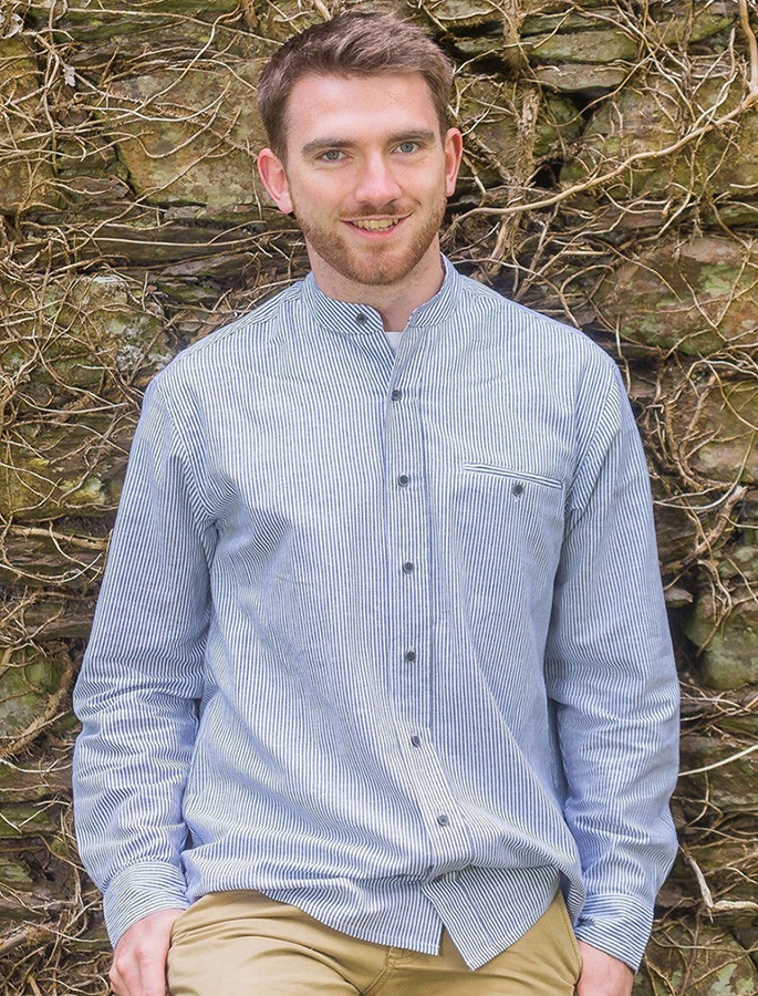 Irish Linen Grandfather Shirt - Navy & White Stripe | Aran Sweater