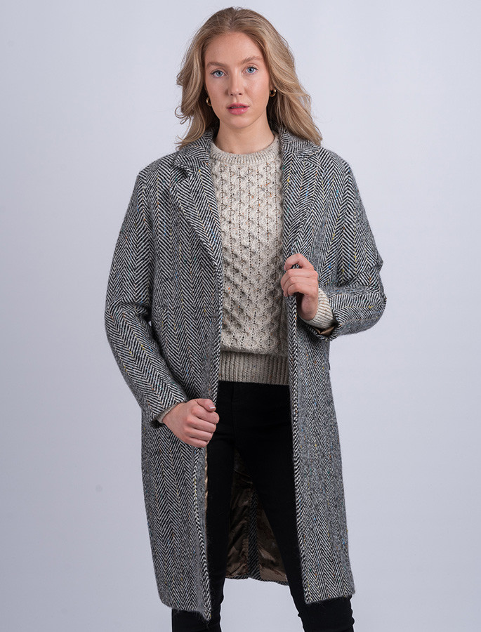 Ladies Irish Tweed City Coat Black Grey Herringbone Aran