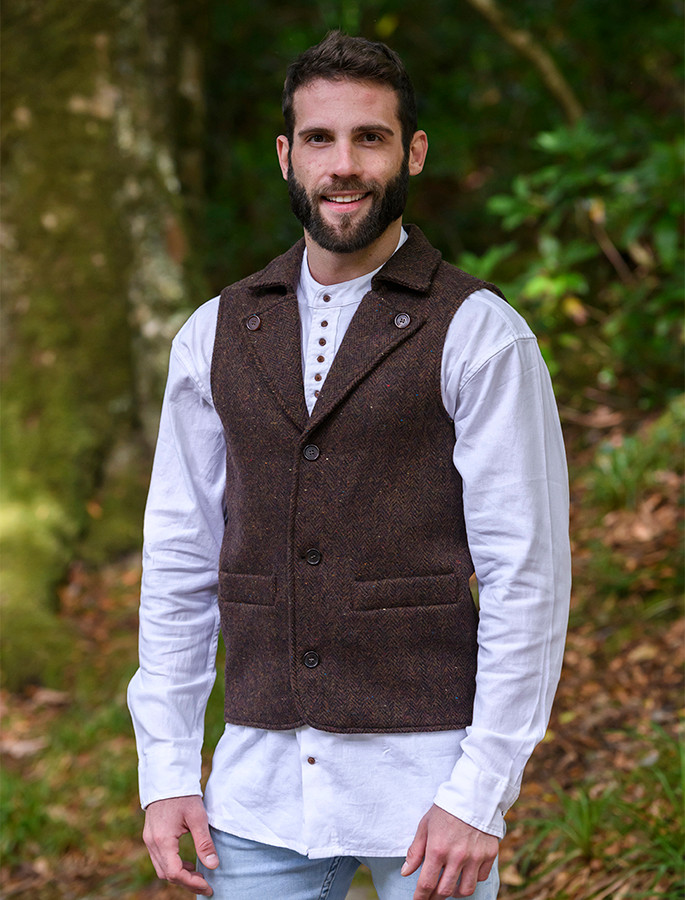 Aran Wool Tweed Waistcoat With Revere - Brown | Aran Sweater Market