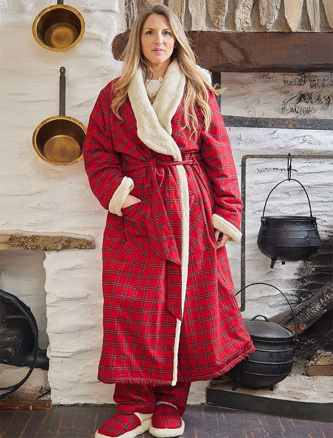 tartan dressing gown ladies Fleece Lined Flannel Nightrobe - Red thick fluffy dressing gown
