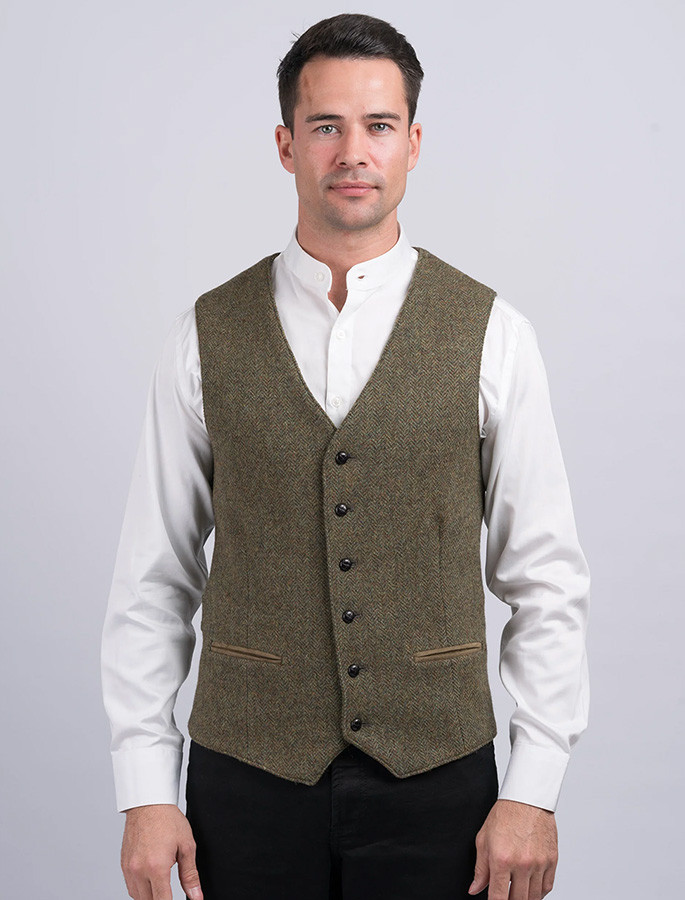 Smoke Herringbone Tweed Waistcoat & Vest with Linen Trim