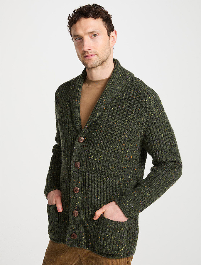 Men's Donegal Wool Rib Shawl Cardigan | Aran Sweater Market