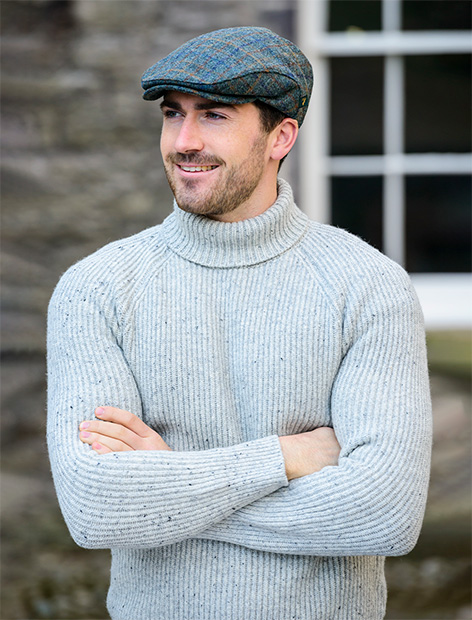 mens polo neck sweater, irish flat cap