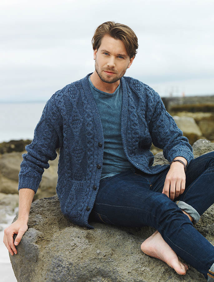 mens blue cardigan, aran cardigan for men