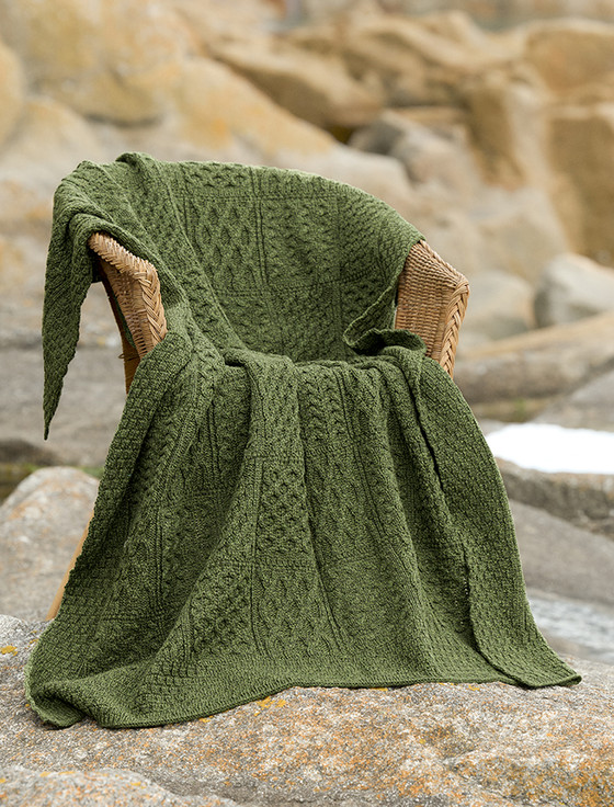 Aran Patchwork Merino Wool Throw- Medow Green