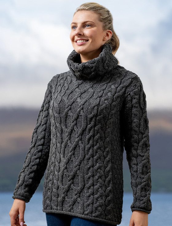 wool cable knit sweater, turtleneck 