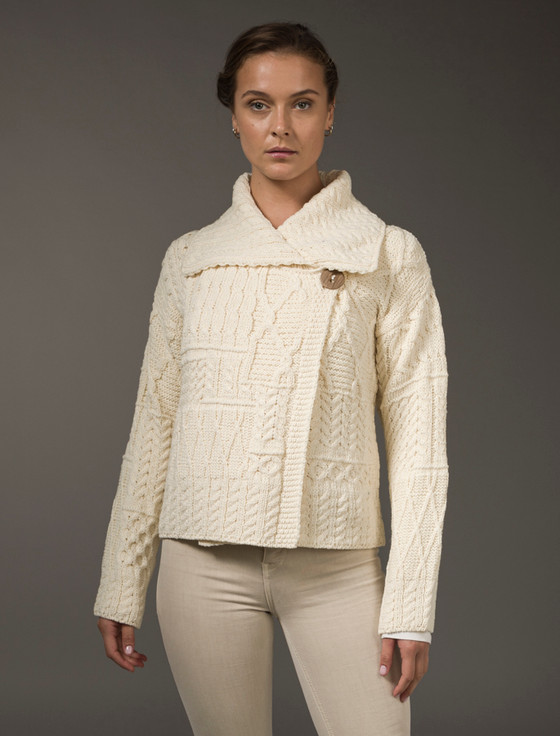 Wool patchwork Aran cardigan, Shawl collar cardigan