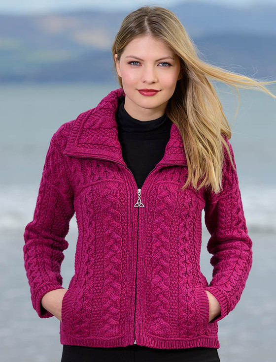 Double Collar Zip Merino Aran Cardigan