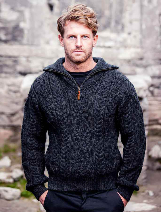 Aran Sweater With Zip Neck Mens Cable Knit Sweater