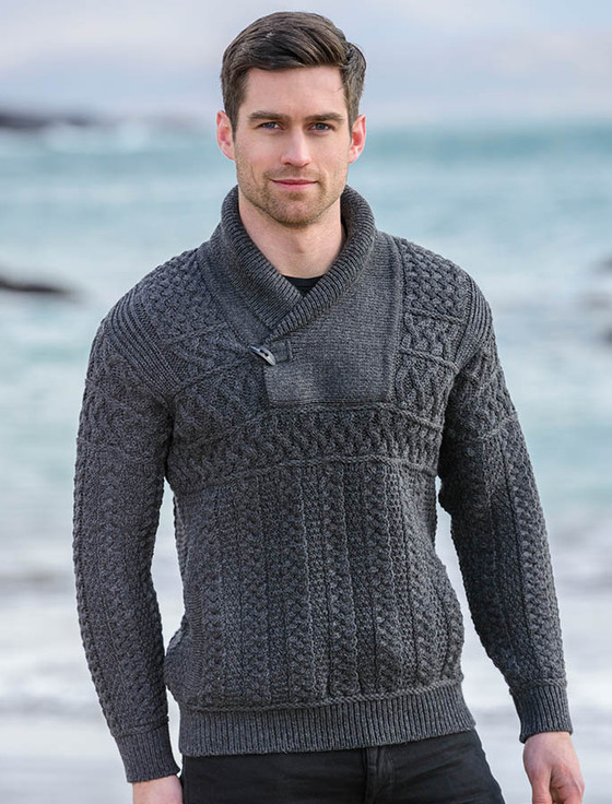 Mens shawl neck sweater, mens toggle sweater | Aran Sweater Market