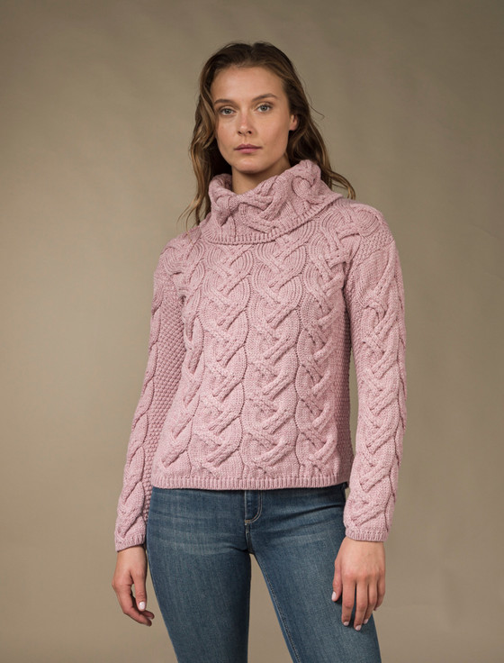 Ladies Aran Cowl Neck Sweater