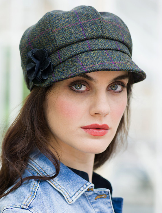 Ladies Tweed Newsboy Hat Green/Pink/Plum