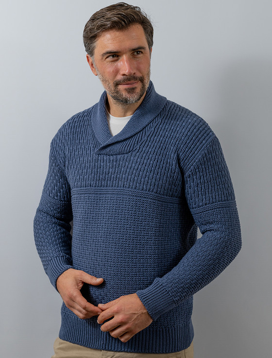 Men's Shawl Collar Cable-Knit Jumper – Textured Blue Pullover By Newport
