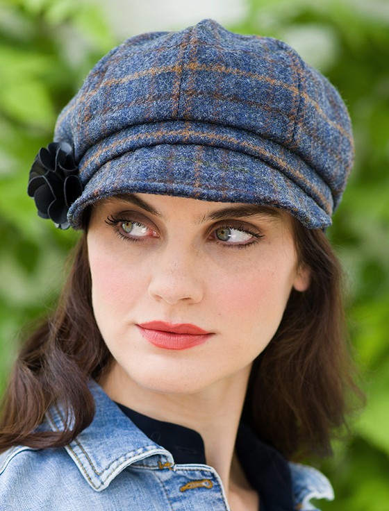 Ladies Tweed Newsboy Hat - Green Navy & Brown Plaid | Mucros Weavers