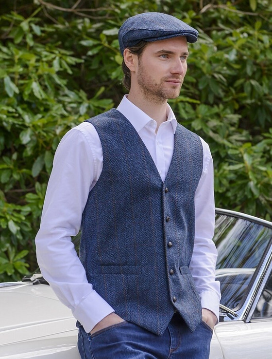 Irish Tweed Herringbone Waistcoat - Denim & Rust Check