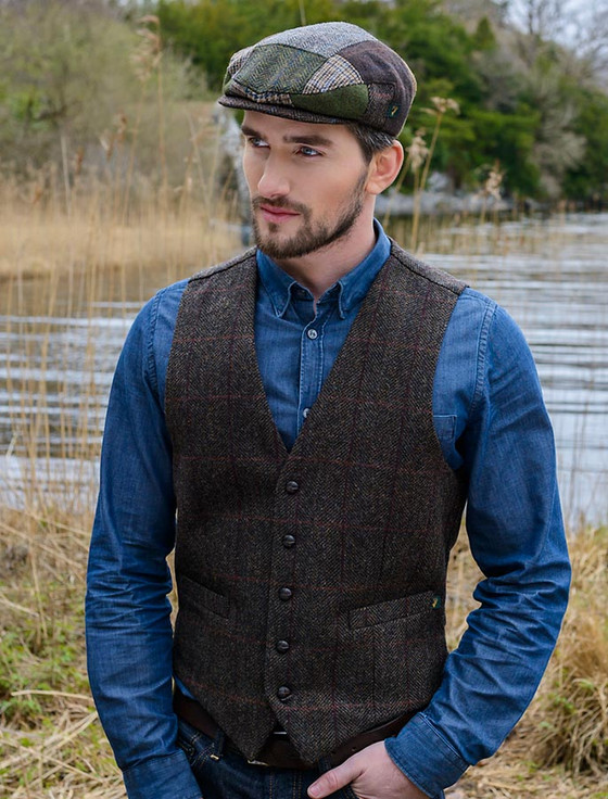 Irish Tweed Herringbone Waistcoat - Brown & Red | Mucros Weavers