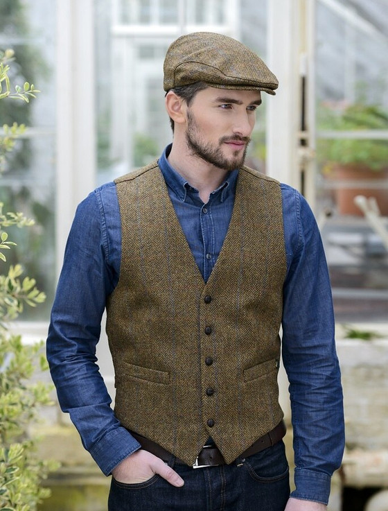 Irish Tweed Herringbone Waistcoat - Brown & Red Check | Mucros Weavers