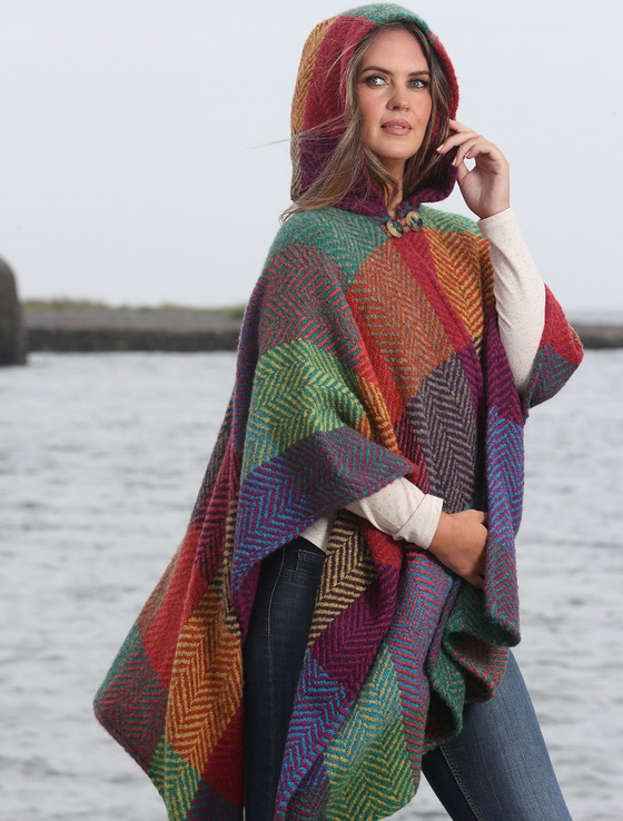 Sarah Hooded One Button Cape - Multi-Light Green